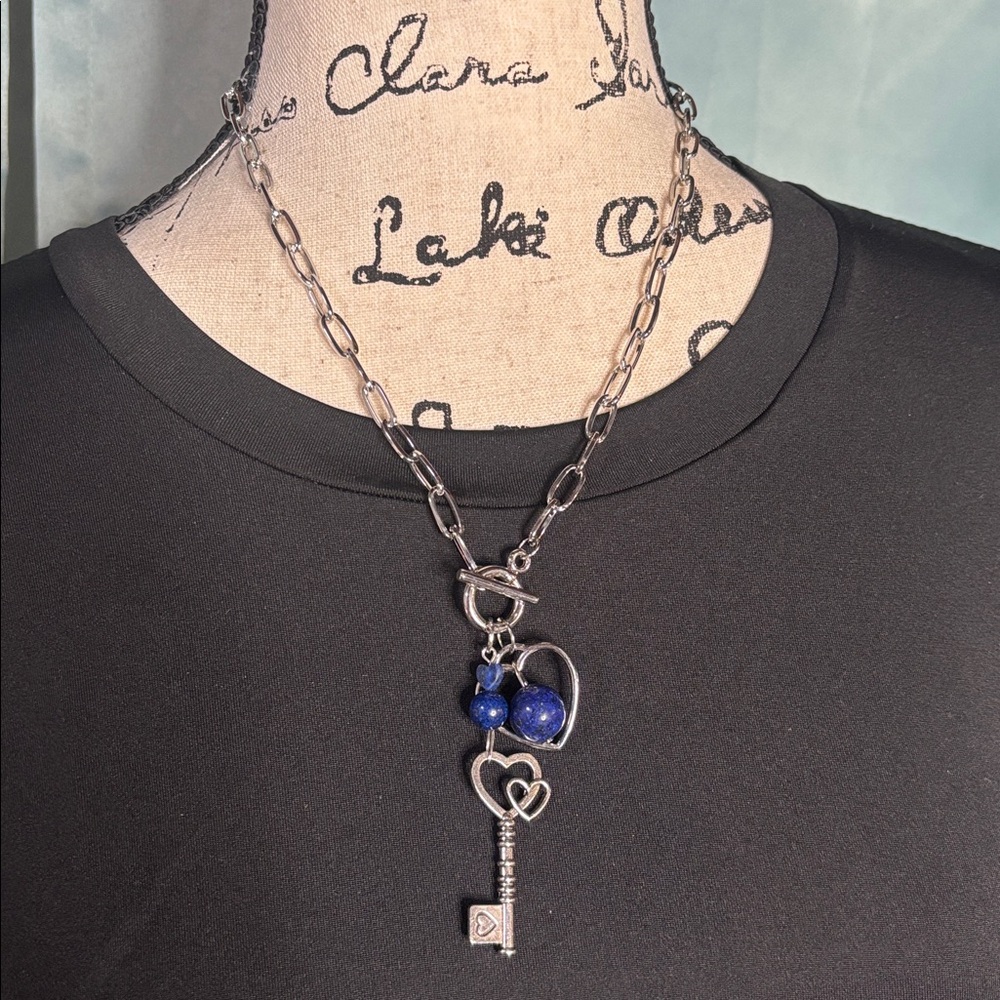 Lapis Lazuli Heart Key Toggle Chain Necklace Romantic Genuine Crystal Jewelry